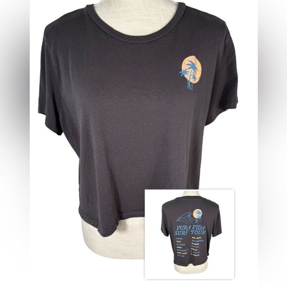 Pura Vida Grey Surf Tour Cropped Tee T-Shirt - Picture 1 of 5